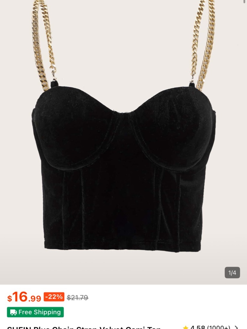 SHEIN Black Velvet Bustier Camisole with Gold Chain Straps